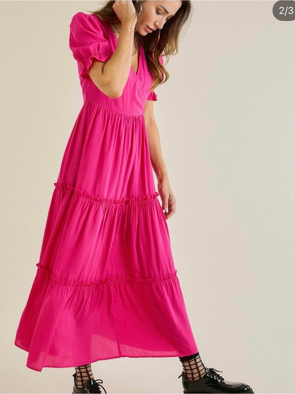 Women's V-Neck Tiered Midi Dress in Hot Pink